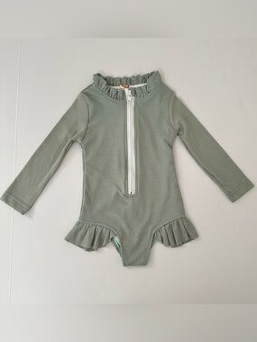 NWOT Baby Girl Long-Sleeve Sage Green‎ Ruffle Swim Rashguard One-Piece